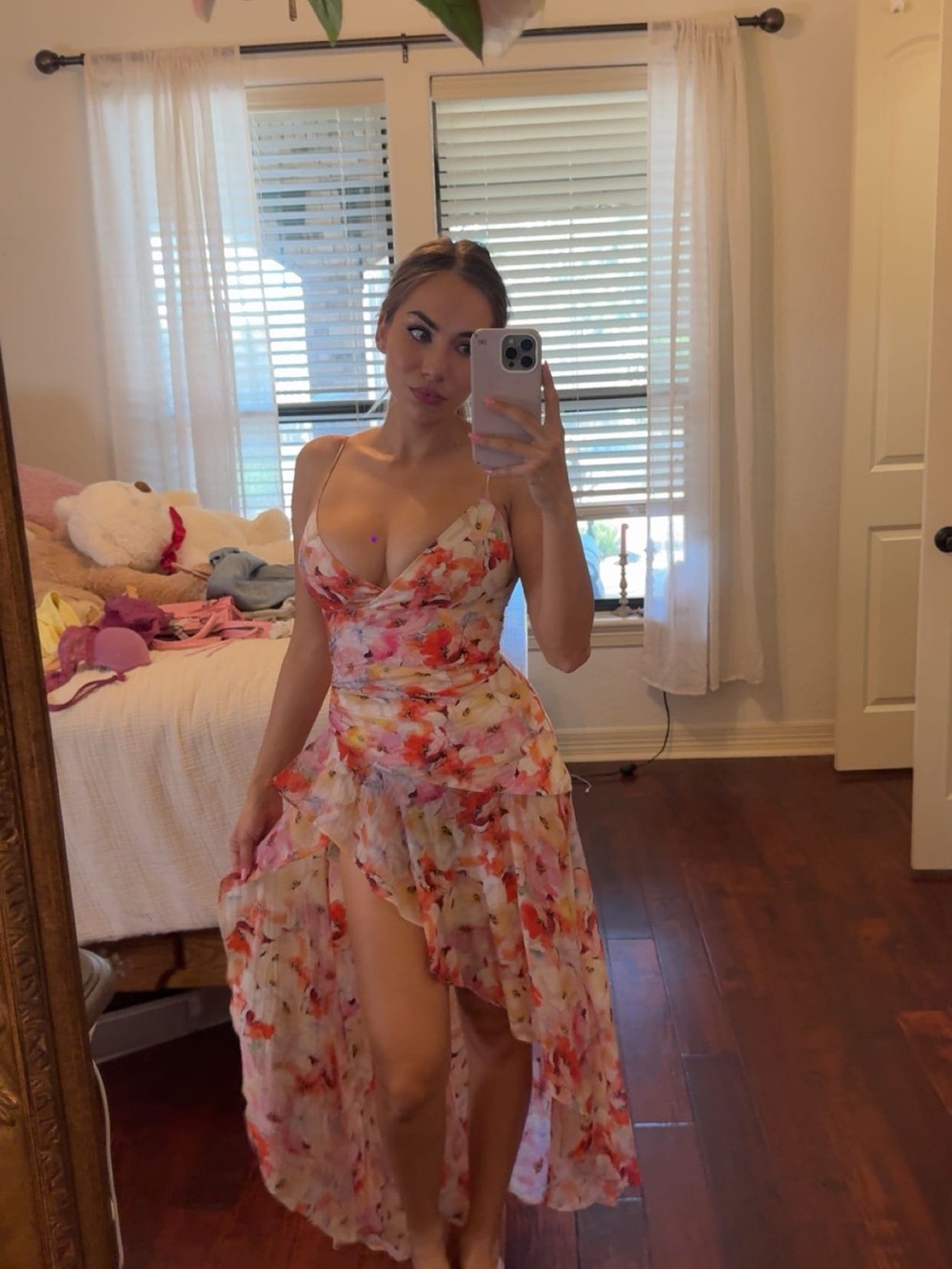 Bardot Floral Watercolor High-Low Slip Dress - Pink